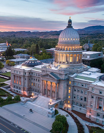 Idaho State Capitol building in Boise at dusk.