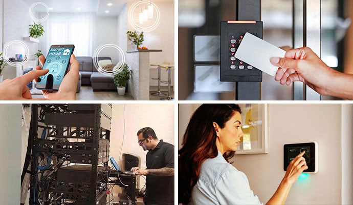 Collage of smart home automation, access control, IT networking, and lighting solutions